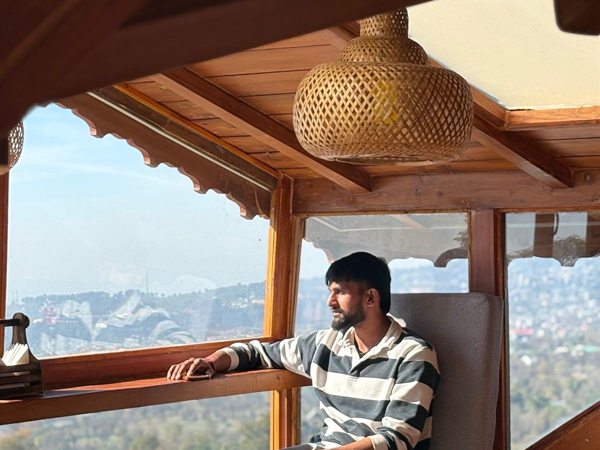 Wooden balcony looking over the Dharamshala valley
