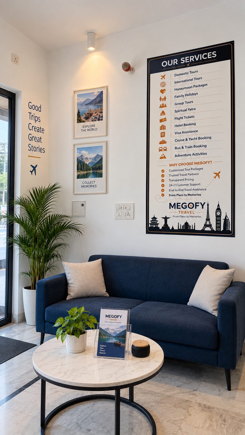 Seating area inside the Megofy Travel office