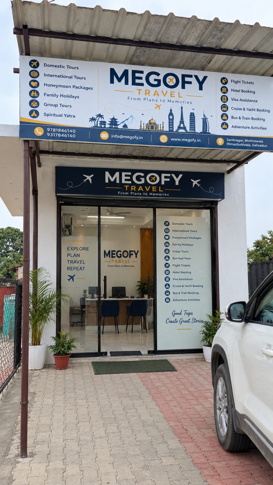 The Megofy Travel shopfront with its services board