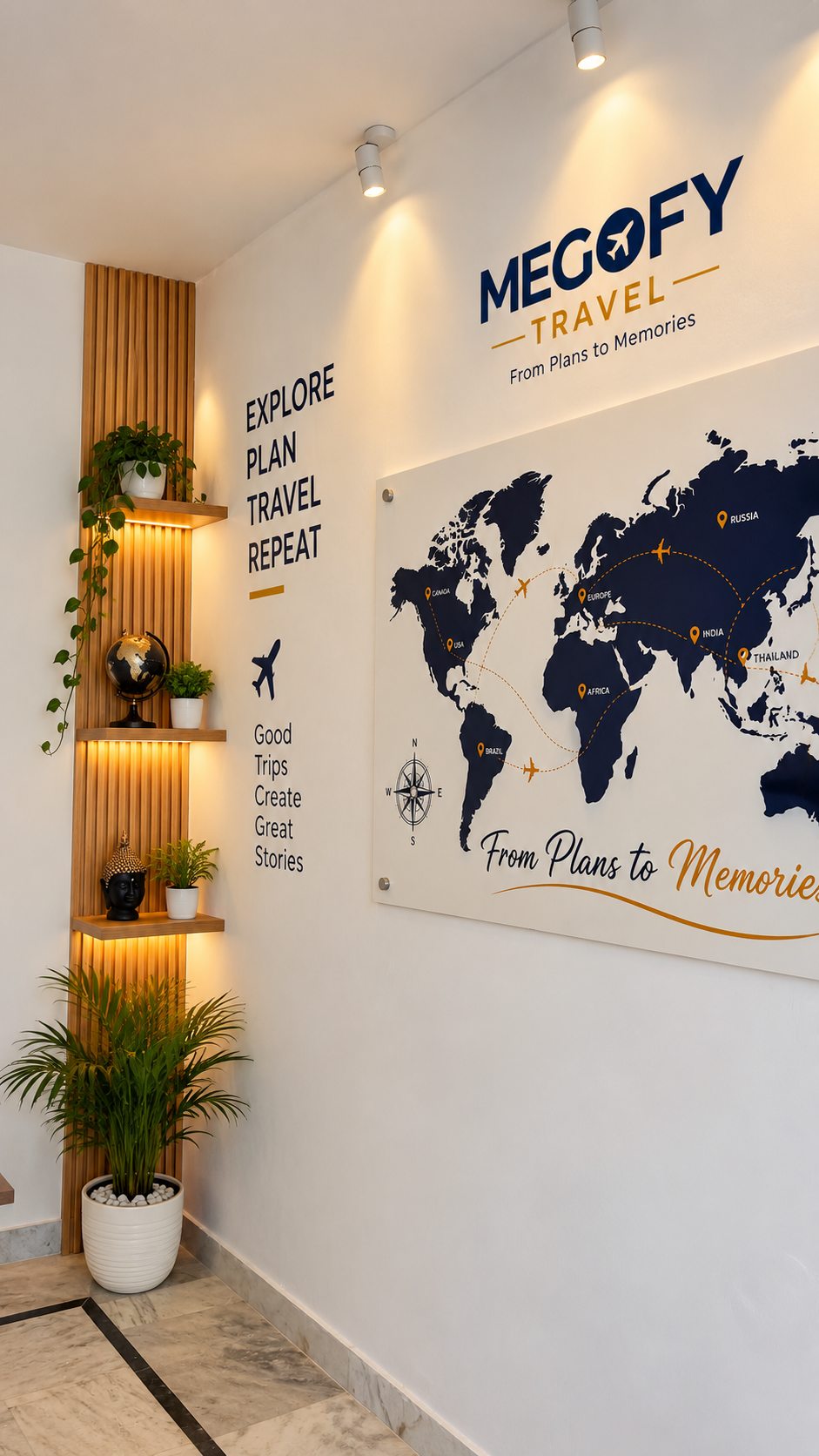 Framed prints and the services board inside the Megofy Travel office